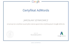 Certyfikat Google Adwords Jarosław Szymkowicz